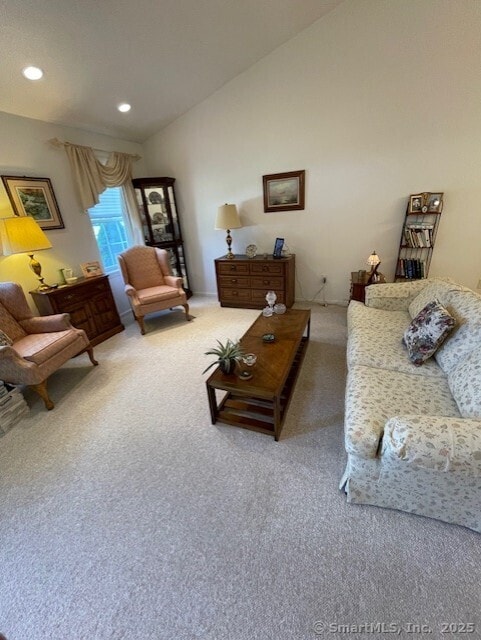 27 Shares Ln Unit 27, South Windsor, CT 06074 - living area featuring carpet, lofted ceiling, and recessed lighting