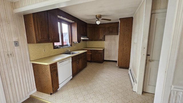 157 Garfield Rd, Bristol, CT 06010 - kitchen featuring white dishwasher, ceiling fan, a sink, a baseboard radiator, and light countertops