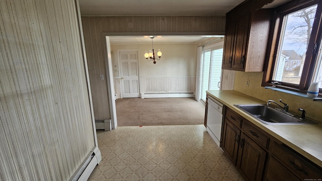 157 Garfield Rd, Bristol, CT 06010 - kitchen featuring a sink, dishwasher, a baseboard heating unit, a chandelier, and plenty of natural light