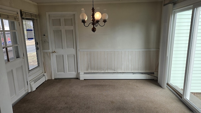 157 Garfield Rd, Bristol, CT 06010 - unfurnished dining area with carpet, a baseboard radiator, a chandelier, crown molding, and plenty of natural light