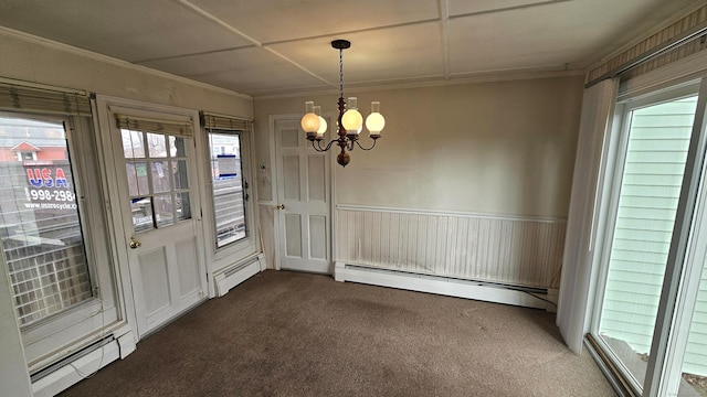 157 Garfield Rd, Bristol, CT 06010 - unfurnished dining area with carpet flooring, a baseboard heating unit, healthy amount of natural light, and crown molding