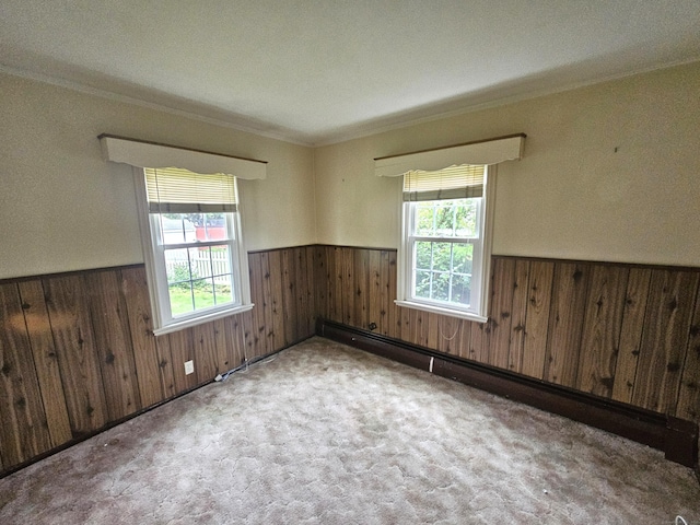 157 Garfield Rd, Bristol, CT 06010 - carpeted empty room with wainscoting, wood walls, ornamental molding, and a baseboard heating unit