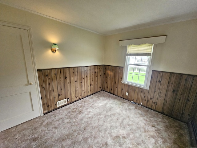 157 Garfield Rd, Bristol, CT 06010 - empty room with ornamental molding, wainscoting, wood walls, and carpet flooring