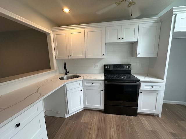 125 Courtyard Ln Unit 125, Mansfield, CT 06268 - kitchen featuring black / electric stove, a sink, dark wood-style floors, tasteful backsplash, and recessed lighting