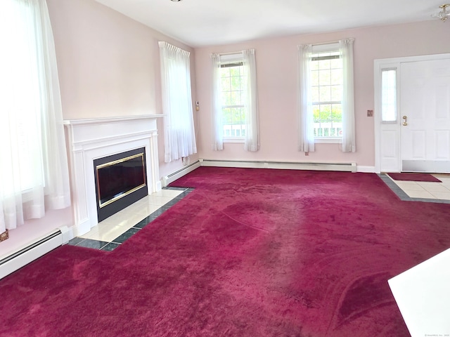 65 Ruby Ln, Stratford, CT 06614 - unfurnished living room featuring carpet, a baseboard heating unit, and a fireplace with flush hearth