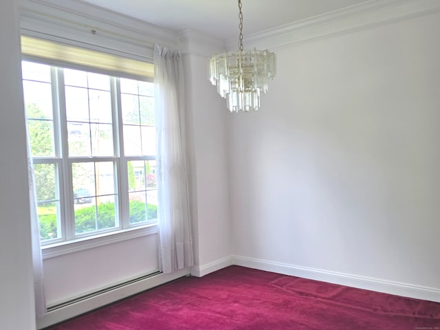 65 Ruby Ln, Stratford, CT 06614 - unfurnished room with a baseboard radiator, a chandelier, dark carpet, and ornamental molding