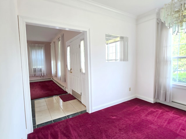 65 Ruby Ln, Stratford, CT 06614 - entryway featuring carpet flooring, a chandelier, ornamental molding, and tile patterned floors