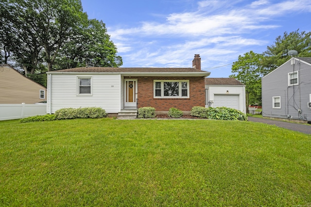 93 E Euclid St, Bloomfield, CT 06002 - view of front of property with a chimney, asphalt driveway, an attached garage, brick siding, and entry steps