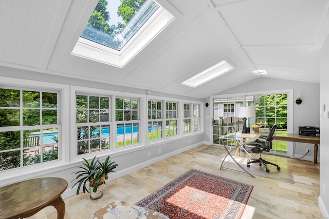 171 Still Rd, West Hartford, CT 06117 - sunroom featuring a skylight, lofted ceiling, and plenty of natural light