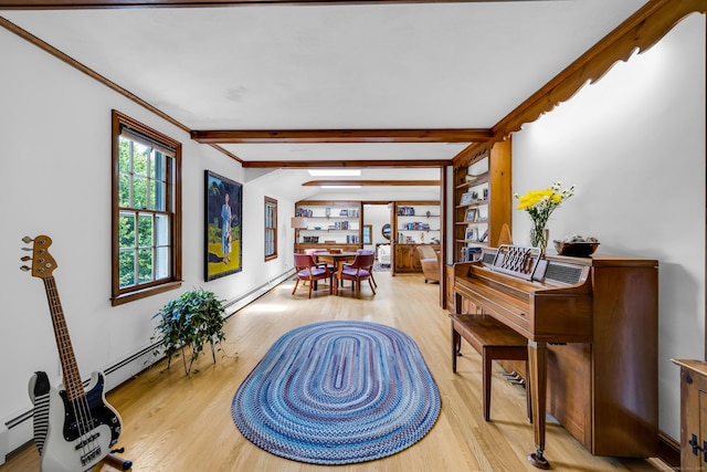 171 Still Rd, West Hartford, CT 06117 - living area with light wood finished floors, beam ceiling, ornamental molding, and baseboard heating