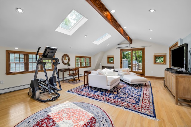 171 Still Rd, West Hartford, CT 06117 - living room featuring a wall unit AC, a skylight, light wood finished floors, recessed lighting, and a baseboard heating unit