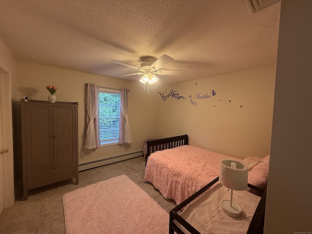 24 Podunk Cir Unit 24, South Windsor, CT 06074 - bedroom featuring a baseboard radiator, light carpet, a textured ceiling, and a ceiling fan