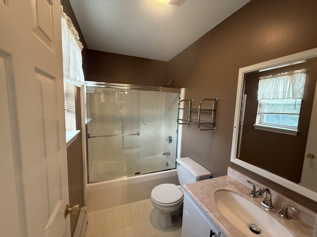 24 Podunk Cir Unit 24, South Windsor, CT 06074 - bathroom with vanity, bath / shower combo with glass door, a baseboard heating unit, and a textured ceiling