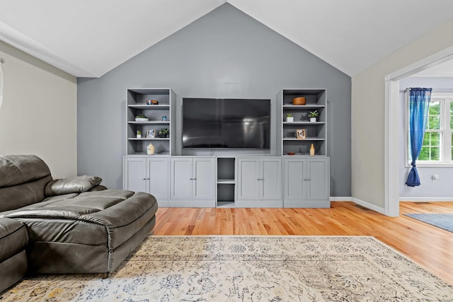 43 Old Young St, East Hampton, CT 06424 - living room with light wood-style floors, lofted ceiling, and built in shelves