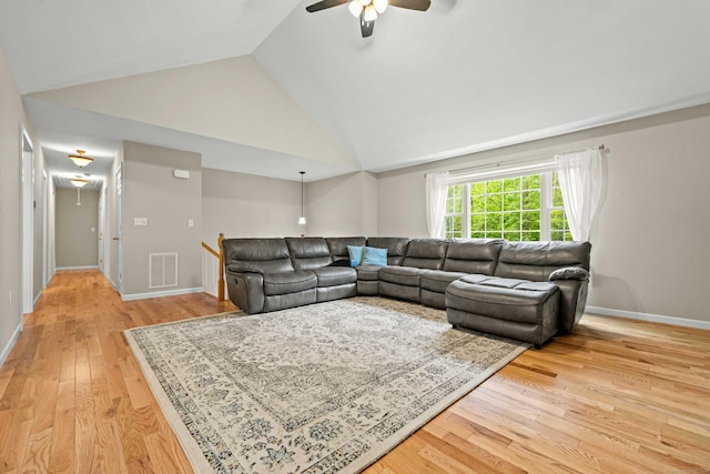 43 Old Young St, East Hampton, CT 06424 - living area featuring light wood finished floors, ceiling fan, and vaulted ceiling