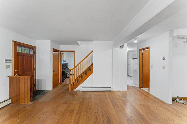 120 Pulaski Hwy, Ansonia, CT 06401 - unfurnished living room with baseboard heating, wood-type flooring, and stairs