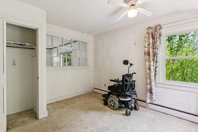 44 Nod Rd, Clinton, CT 06413 - bedroom with carpet floors, a baseboard heating unit, a ceiling fan, and lofted ceiling