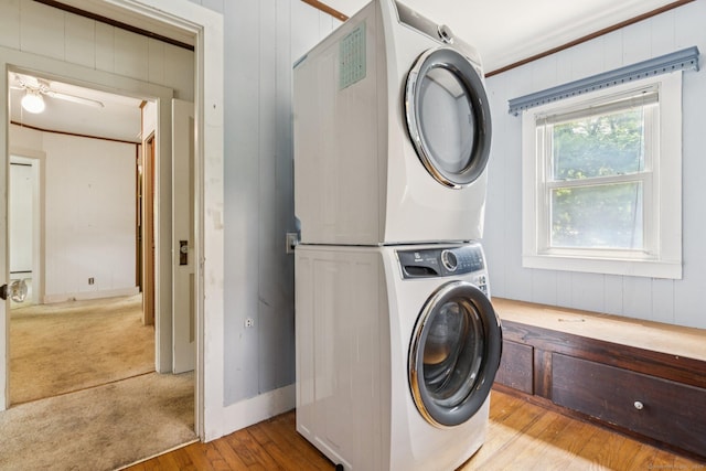 44 Nod Rd, Clinton, CT 06413 - washroom with stacked washer / dryer, crown molding, hardwood / wood-style floors, and a ceiling fan