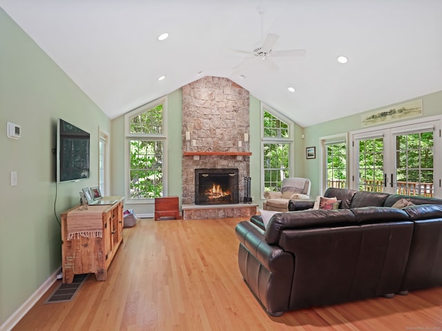 52 Grumman Ave, Wilton, CT 06897 - living room featuring a fireplace, light wood-type flooring, plenty of natural light, ceiling fan, and recessed lighting