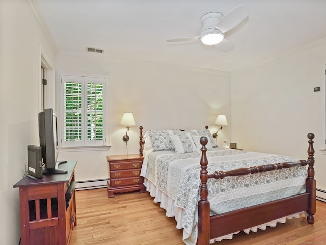 52 Grumman Ave, Wilton, CT 06897 - bedroom with a baseboard heating unit, light wood-type flooring, ornamental molding, and ceiling fan