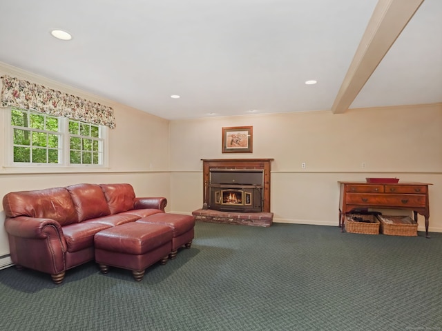 52 Grumman Ave, Wilton, CT 06897 - living area with carpet flooring, a lit fireplace, and recessed lighting