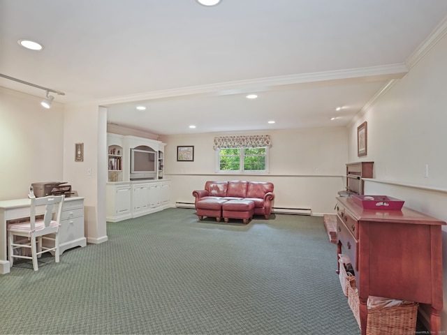 52 Grumman Ave, Wilton, CT 06897 - office area featuring carpet, baseboard heating, crown molding, recessed lighting, and a baseboard heating unit