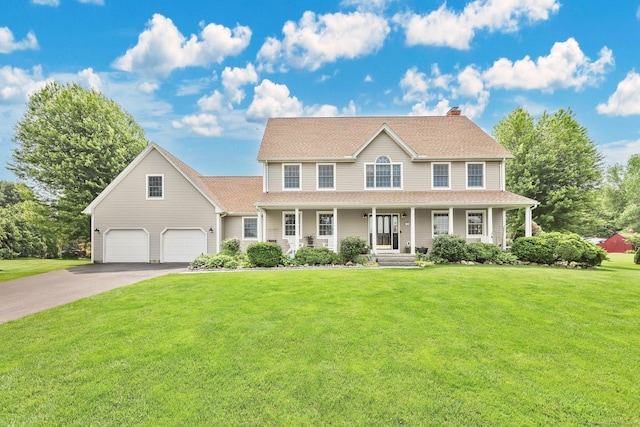 10 Salerno Dr, Enfield, CT 06082 - colonial inspired home featuring asphalt driveway, covered porch, a garage, a front yard, and a chimney