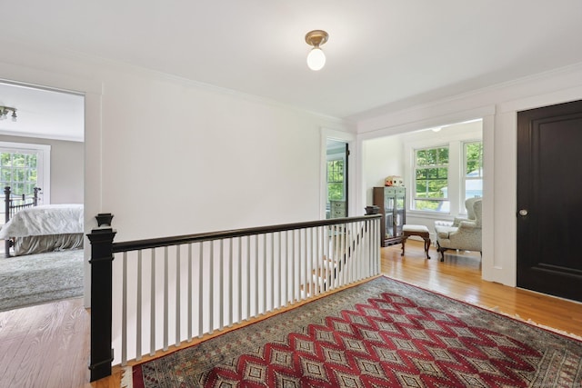 2200 Ridge Rd, North Haven, CT 06473 - hallway featuring ornamental molding, wood finished floors, and an upstairs landing