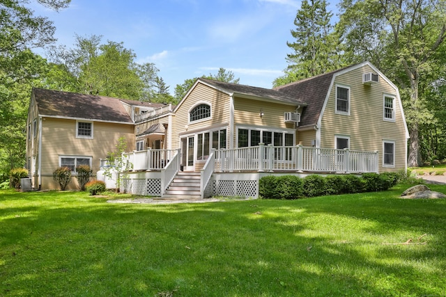 158 Linden Tree Rd, Wilton, CT 06897 - back of house with a wooden deck, a yard, a shingled roof, and a gambrel roof