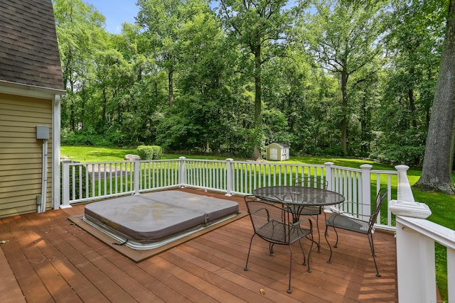 158 Linden Tree Rd, Wilton, CT 06897 - wooden terrace featuring a storage unit, outdoor dining area, and a lawn