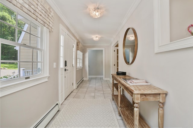 158 Linden Tree Rd, Wilton, CT 06897 - doorway with crown molding, a baseboard radiator, and light tile patterned floors