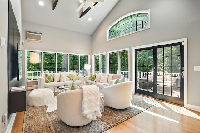 158 Linden Tree Rd, Wilton, CT 06897 - living room featuring high vaulted ceiling, ceiling fan, wood finished floors, a wall mounted air conditioner, and recessed lighting