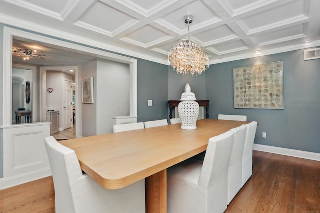 158 Linden Tree Rd, Wilton, CT 06897 - dining area featuring a chandelier, wood finished floors, coffered ceiling, ornamental molding, and beam ceiling