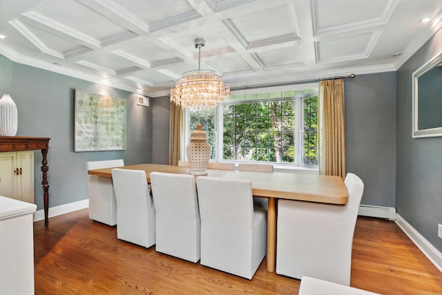 158 Linden Tree Rd, Wilton, CT 06897 - dining room with a baseboard radiator, a chandelier, baseboards, crown molding, and coffered ceiling