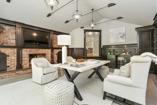 158 Linden Tree Rd, Wilton, CT 06897 - living room featuring a wainscoted wall, a fireplace, and vaulted ceiling