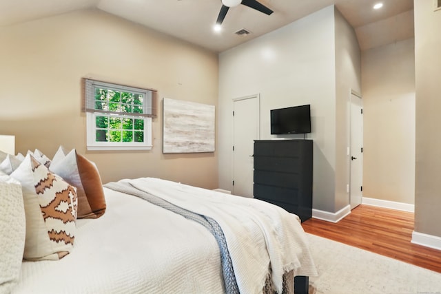 158 Linden Tree Rd, Wilton, CT 06897 - bedroom with wood finished floors, lofted ceiling, ceiling fan, and recessed lighting