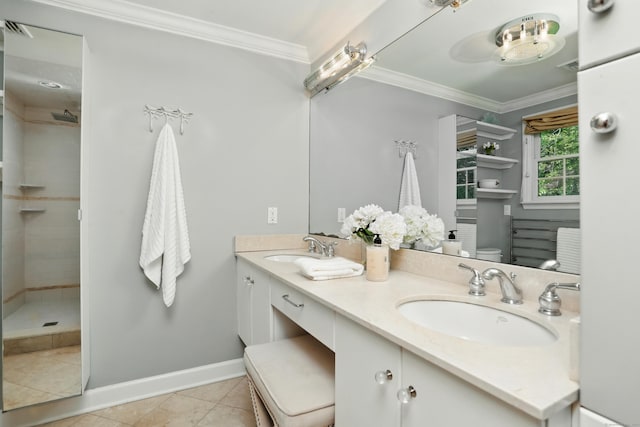 158 Linden Tree Rd, Wilton, CT 06897 - bathroom featuring double vanity, tiled shower, tile patterned floors, and crown molding
