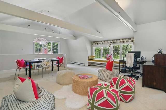 158 Linden Tree Rd, Wilton, CT 06897 - living room featuring carpet floors, baseboard heating, a desk, baseboards, and a baseboard heating unit