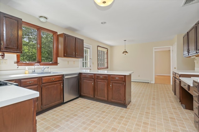 130 Sturbridge Ln, Fairfield, CT 06890 - kitchen featuring stainless steel dishwasher, a peninsula, light countertops, and a baseboard radiator