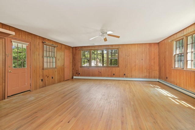 130 Sturbridge Ln, Fairfield, CT 06890 - unfurnished room featuring light wood-type flooring, ceiling fan, wooden walls, and a baseboard radiator