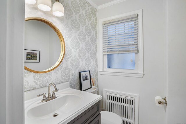 86 Lorma Ave, Trumbull, CT 06611 - bathroom featuring radiator, wallpapered walls, vanity, and crown molding