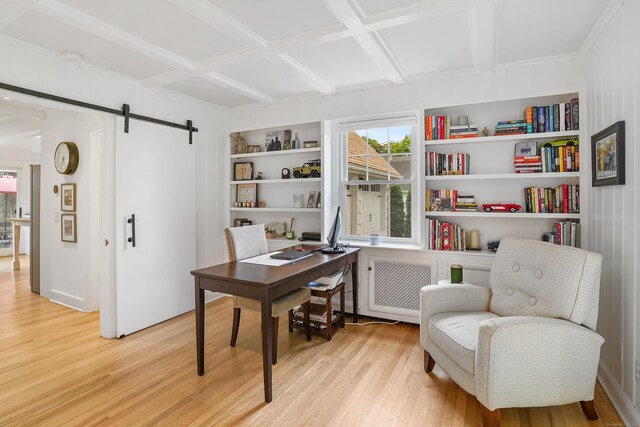 86 Lorma Ave, Trumbull, CT 06611 - office space featuring light wood finished floors, a barn door, coffered ceiling, built in shelves, and radiator
