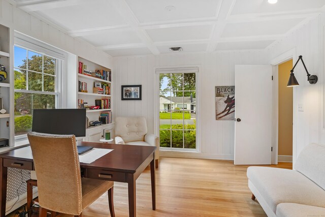 86 Lorma Ave, Trumbull, CT 06611 - office featuring light wood-type flooring, coffered ceiling, built in shelves, and beamed ceiling