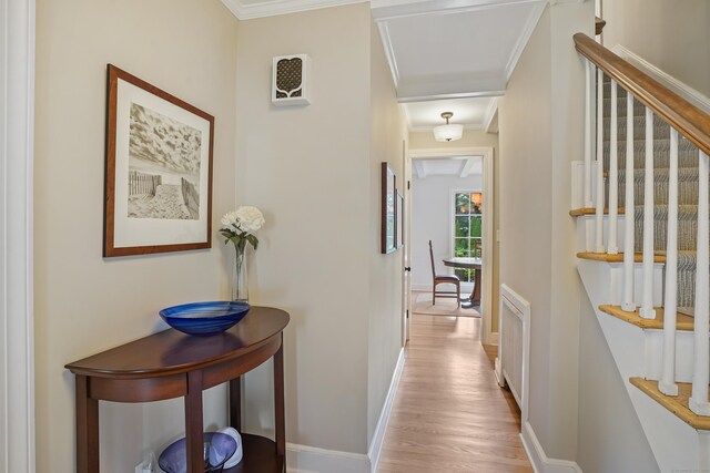 86 Lorma Ave, Trumbull, CT 06611 - hallway with wood finished floors, crown molding, and stairs