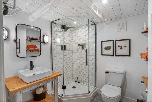 86 Lorma Ave, Trumbull, CT 06611 - full bath featuring a shower stall, wood ceiling, and recessed lighting