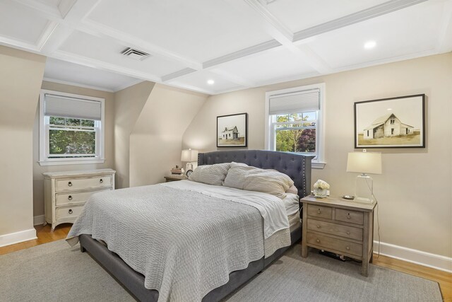 86 Lorma Ave, Trumbull, CT 06611 - bedroom with coffered ceiling, light wood-style floors, beamed ceiling, and recessed lighting