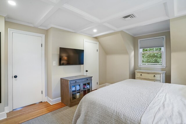 86 Lorma Ave, Trumbull, CT 06611 - bedroom featuring light wood-style flooring, recessed lighting, beamed ceiling, coffered ceiling, and crown molding