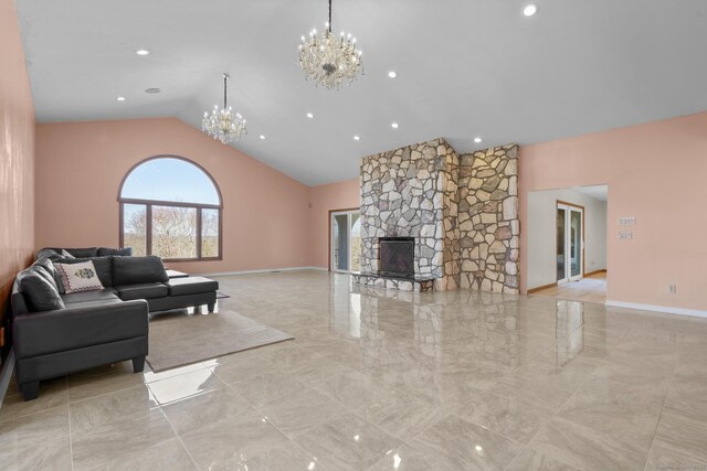 48 Powers Rd, Wallingford, CT 06492 - living area featuring a chandelier, marble tiled flooring, lofted ceiling, a fireplace, and recessed lighting