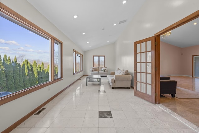 48 Powers Rd, Wallingford, CT 06492 - living area featuring recessed lighting, high vaulted ceiling, and light marble finish flooring