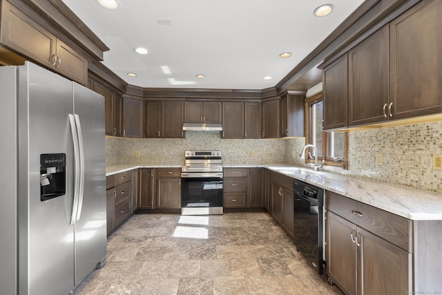 48 Powers Rd, Wallingford, CT 06492 - kitchen featuring stainless steel appliances, under cabinet range hood, dark brown cabinets, light stone counters, and tasteful backsplash